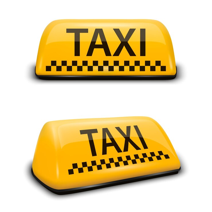 Vecteur vector 3d realistic taxi car roof sign icon set closeup isolé sur blanc jaune modèle de conception de panneau de taxi français pour le service de taxi maquette avant et demi-tour vue