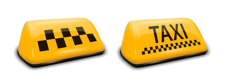 Vecteur vector 3d realistic taxi car roof sign icon set closeup isolétemple de conception de panneau de taxi français jaune pour le service de taxi mockup avant half turn view