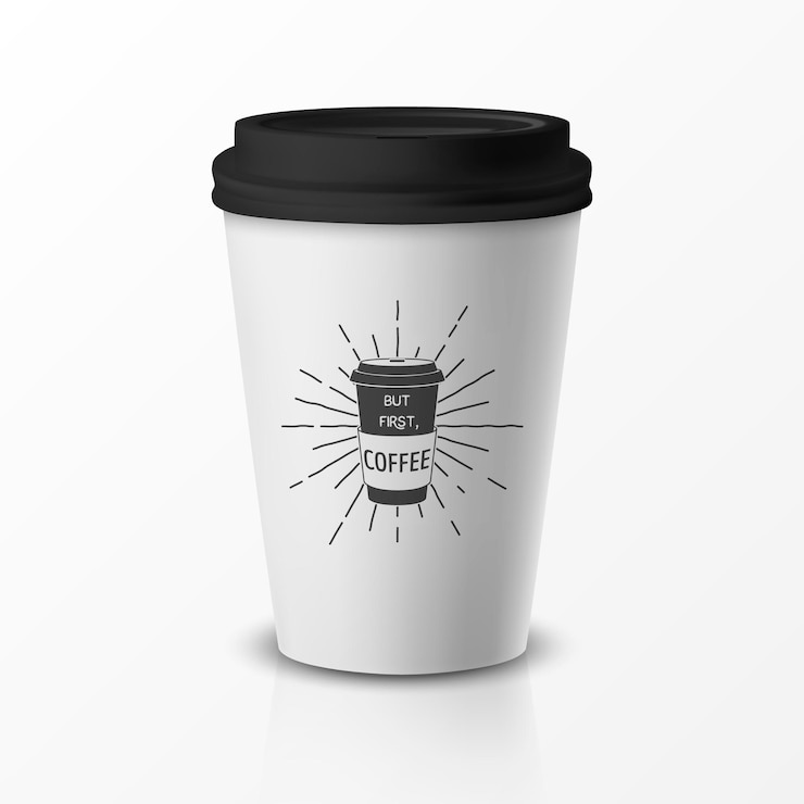 Vecteur vector 3d relistic paper or plastic jetable white coffee cup with black cap quote phrase about coffee design template for cafe restaurant brand identity mockup front view