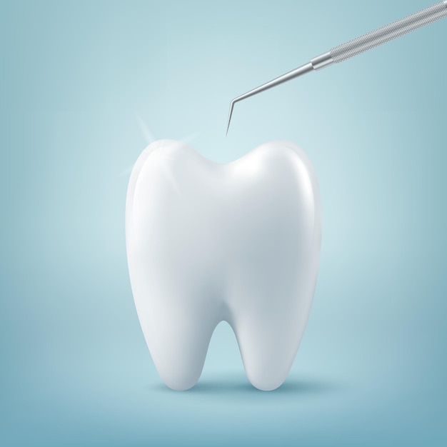 Vector 3d sonde dentaire et dentaire réaliste pour les dents en gros plan sur fond bleu