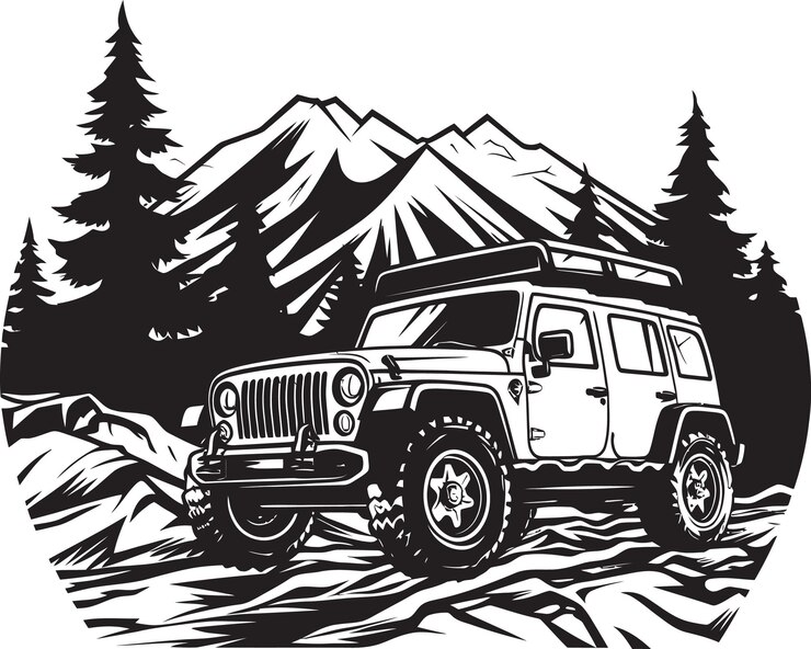 Vecteur vector 4x4 suv en terrain alpin échappe à l'élévation vector 4x4 suv en montagne challeng