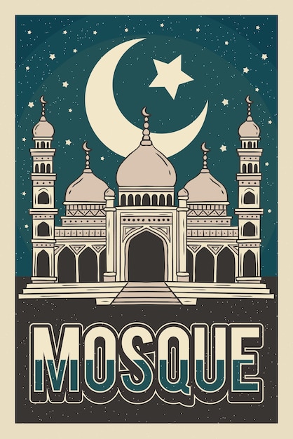 Vecteur vector d'affiche de mosquée rétro vintage