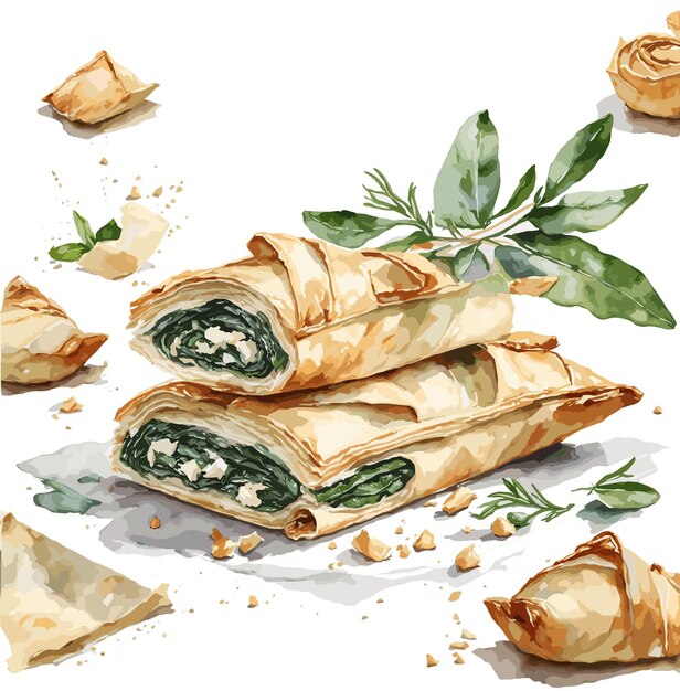 Vecteur vector d'aquarelle spanakopita clipart de pâtisserie à fond blanc modifiable