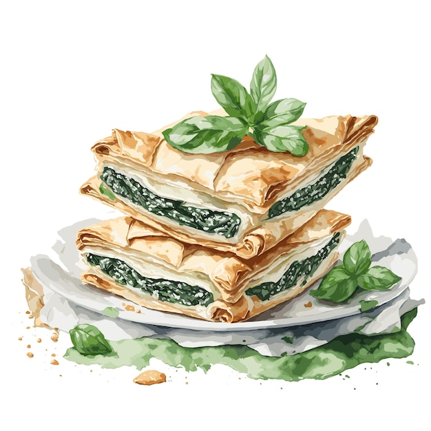 Vecteur vector d'aquarelle spanakopita clipart de pâtisserie à fond blanc modifiable