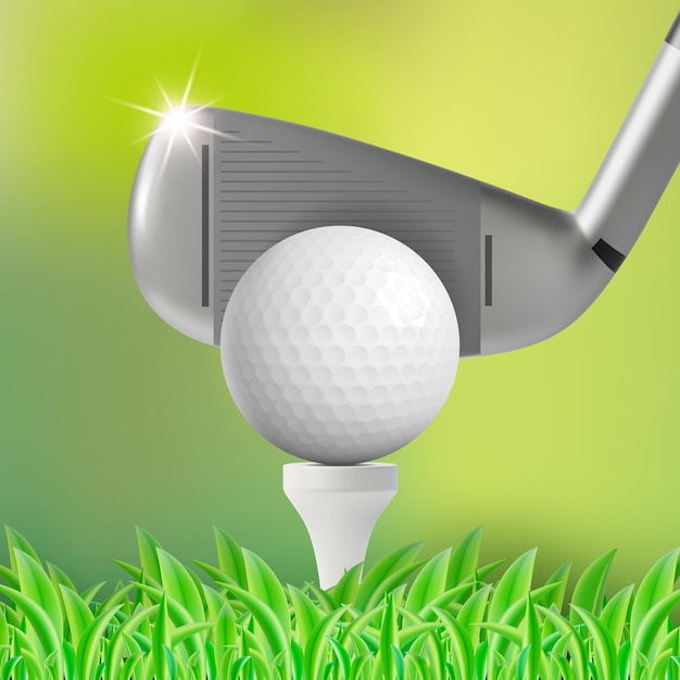 Vector d'arrière-plan réaliste détaillé de balle de golf 3D et de bâton sur un terrain vert