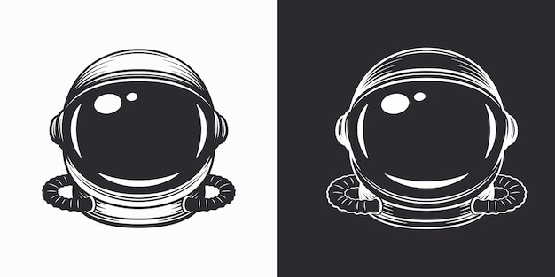 Vecteur vector astronaut helmet set black and white monochrome cosmonaut mask for space exploration isolated suit part for spaceman head protection space helmet design template