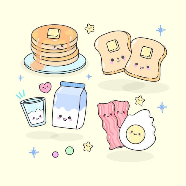 Vector Bacon Egg Bread Butter Pancake Milk avec des expressions faciales mignonnes et une couleur pastel