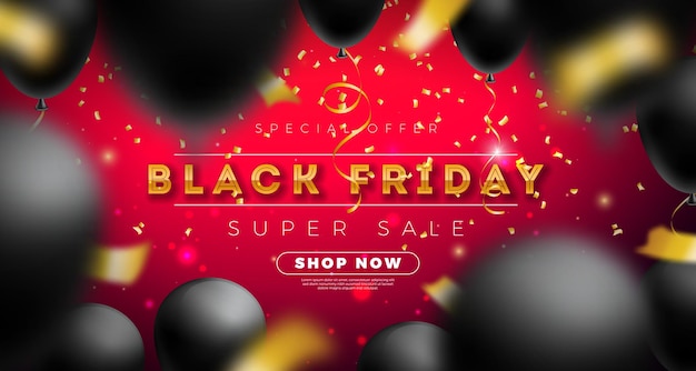 Vector Black Friday Sale Illustration Avec Golden Lettering Et Party Balloon Sur Fond Rouge