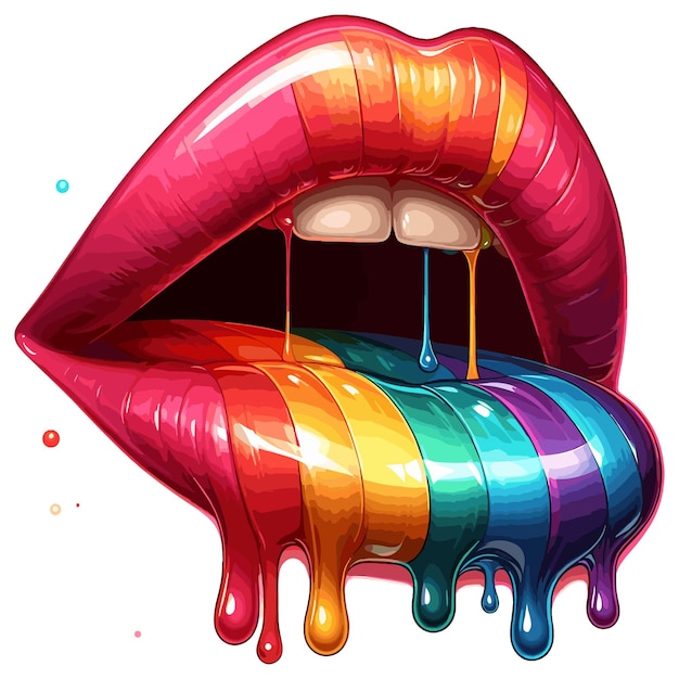 Vecteur vector bouche ouverte de femme avec des lèvres brillantes de couleur arc-en-ciel et de la peinture liquide coule