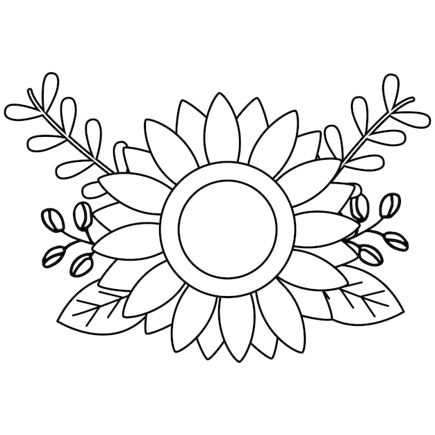 Vecteur vector bouquet doodle illustration de tournesol dans le style de contour. contour floral noir et blanc