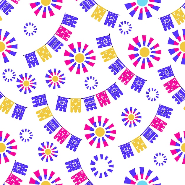 Vecteur vector brillant motif sans rayures avec des drapeaux colorés et des étoiles pinatas sur fond blanc