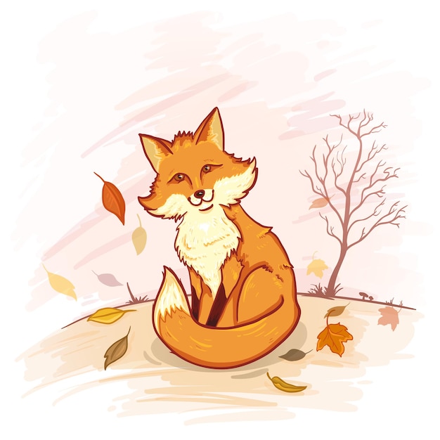 Vector Cartoon Color Illustration - Renard mignon assis sur fond de forêt d'automne