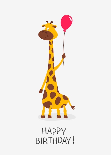 Vector Cartoon Cute Funny Giraffe Baby Greeting Card Happy Birhday Full Length Giraffe with Ball Design Template for Print Birthday Card Child Kid Concept Tall Funny Hand Drawn Giraffe