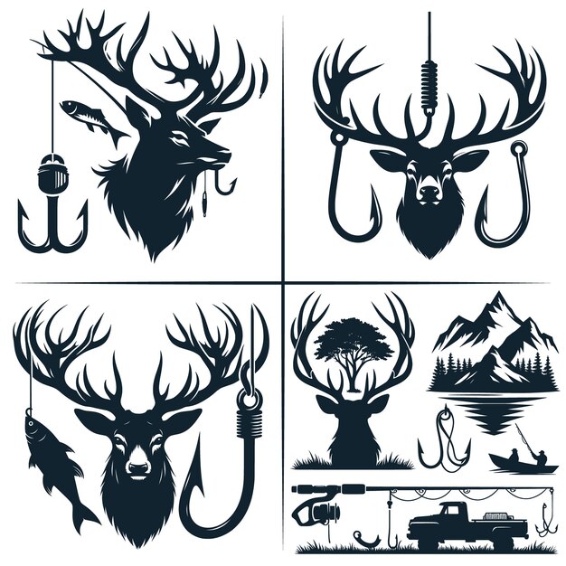 Vector De La Chasse Aux Cerfs Et Du Crochet De Pêche