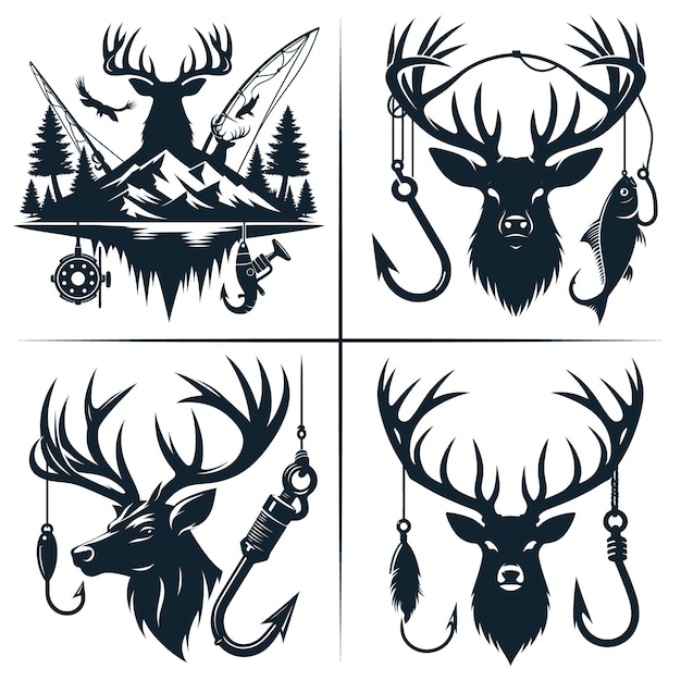 Vector De La Chasse Aux Cerfs Et Du Crochet De Pêche