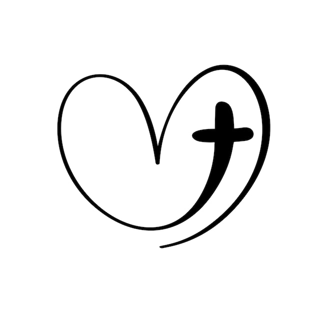 Vecteur vector christian logo coeur avec croix sur fond blanc. symbole calligraphique dessiné à la main. icône de religion minimaliste.