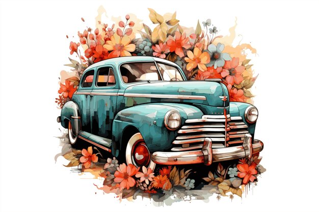 Vector De Conception De Voiture à L'aquarelle Florale Nouvelle Fleur Créative Avec Conception De Voiture