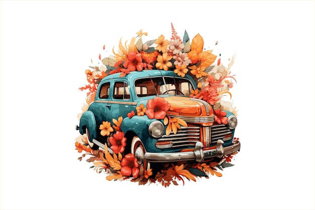 Vecteur vector de conception de voiture à l'aquarelle florale nouvelle fleur créative avec conception de voiture