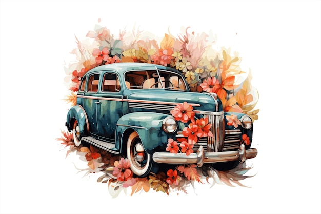 Vector De Conception De Voiture à L'aquarelle Florale Nouvelle Fleur Créative Avec Conception De Voiture