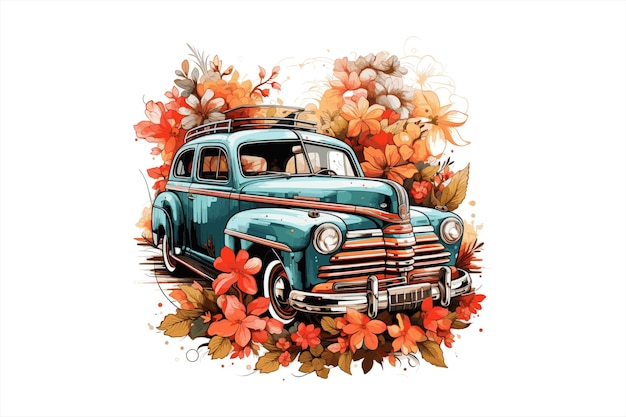 Vector De Conception De Voiture à L'aquarelle Florale Nouvelle Fleur Créative Avec Conception De Voiture