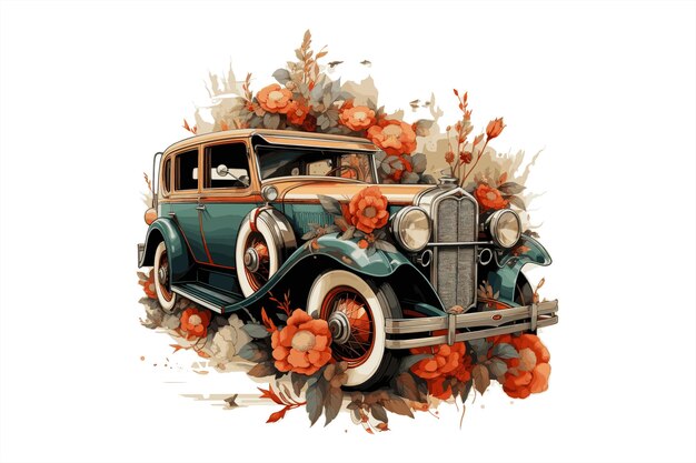 Vecteur vector de conception de voiture à l'aquarelle florale nouvelle fleur créative avec conception de voiture