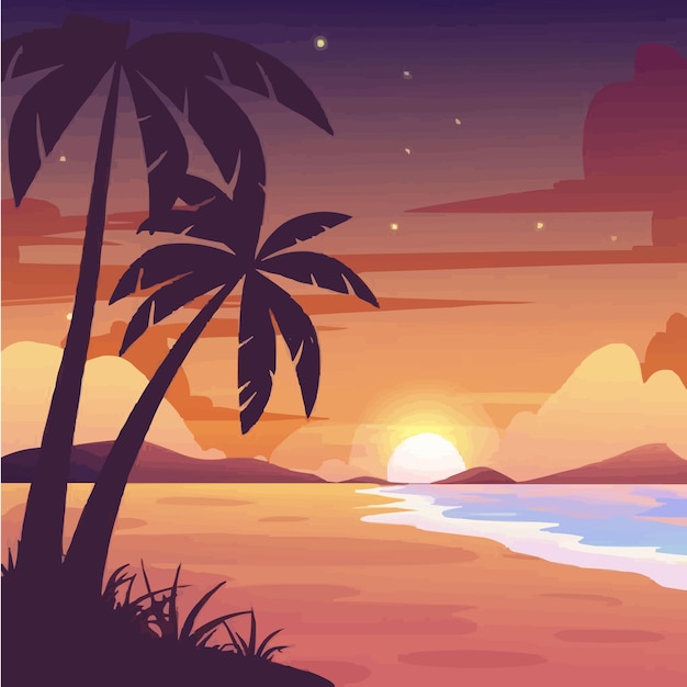 Vector Le coucher de soleil en arrière-plan coloré sur une plage tropicale avec des silhouettes de palmiers