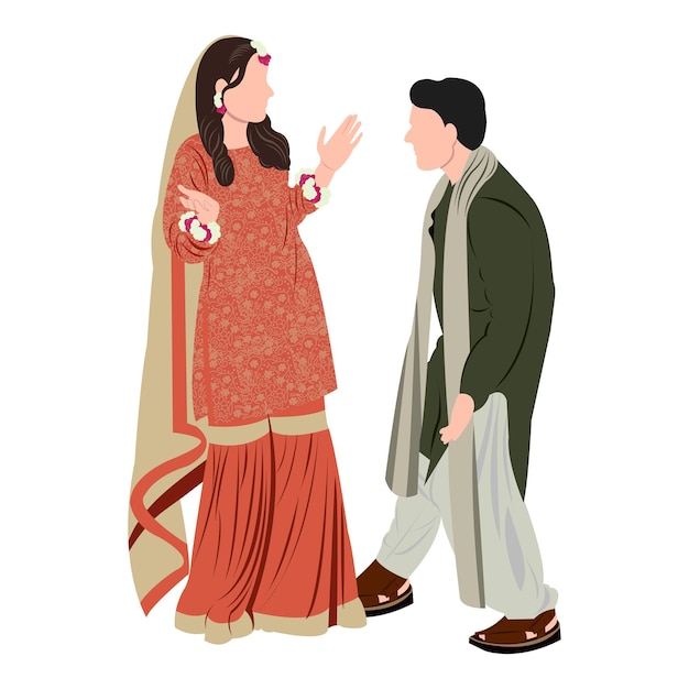 Vecteur vector couple de dessins animés indien mignon dans une robe traditionnelle posant pour la conception de cartes d'invitation de mariage