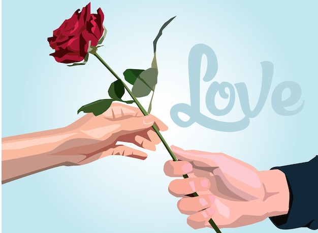 Vecteur vector couple doigts de la main hommes femme donnant des feuilles de rose rouge signe d'amour texte fond bleu cyan