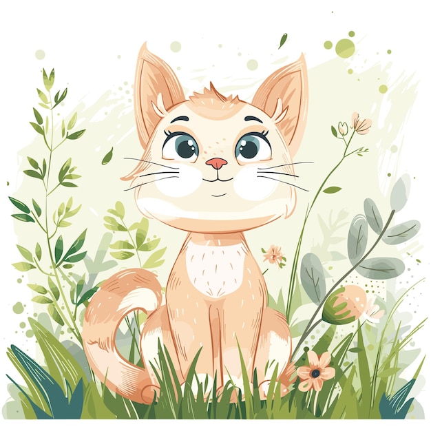 Vector Cute Petit Chat Dessin Animé Assis Dans L'herbe Isolé Sur Le Fond