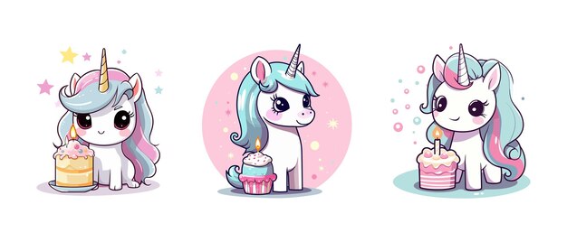 Vecteur vector cute unicorn dessin animé avec gâteau de anniversaire personnage dessert crème de gâteau animal de conte de fées