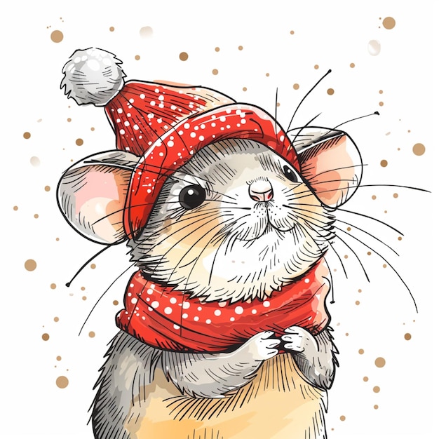 Vector Dessin à La Main Mignon Souris D'hiver Nouvelle Année Et Joyeux Concept De Noël