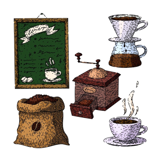 Vector dessiné à la main d'un croquis d'un set de café