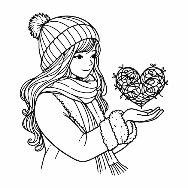 Vecteur vector dessiné à la main femme en noir et blanc en tenue d'hiver avec amour