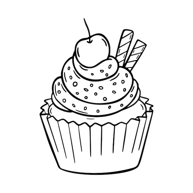 Vector doodle cupcake avec crème dessert sucré design dessiné à la main avec cerise isolé sur fond blanc