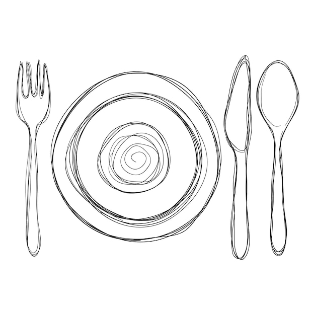 Vector Doodle Sketch Dining Set Fourchette Couteau Cuillère et Assiettes