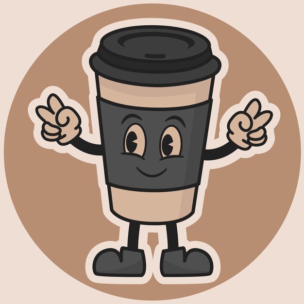 Vecteur vector drôle de verre de café personnage dans le style groovy sticker vectoriel illustration vectorielle