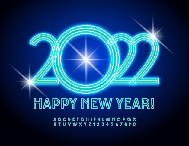 Vector élégante Carte De Voeux Happy New Year 2022 Blue Neon Alphabet Letters And Numbers Set