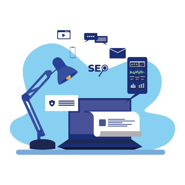 Vector d'éléments d'arrière-plan du poste de travail de SEO et de marketing numérique