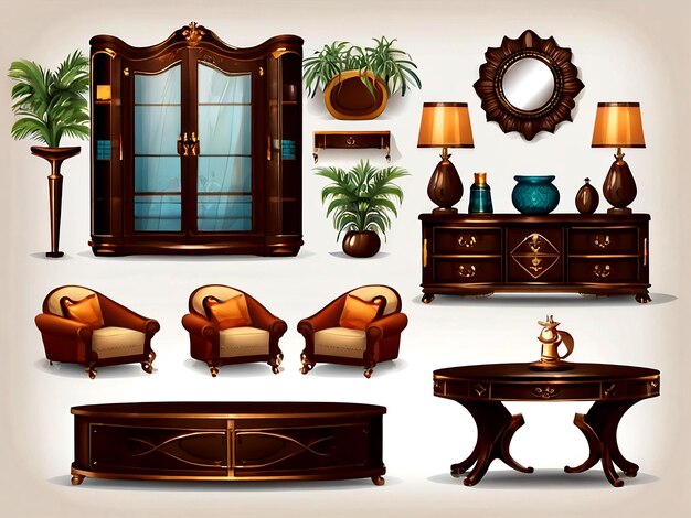 Vecteur vector ensemble de meubles intérieurs et de décorations isolés