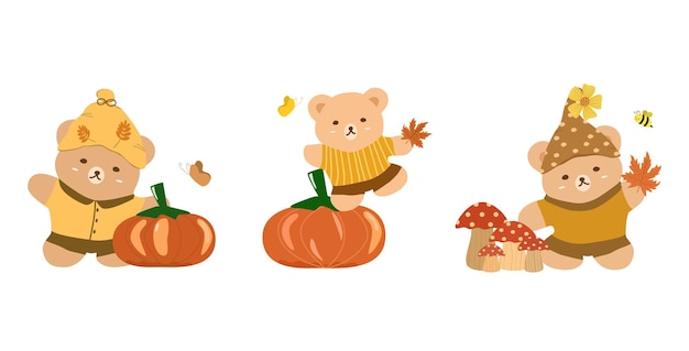 Vector Ensemble mignon d'ours en peluche avec des feuilles d'érable aux champignons citrouilles et des insectes Automne Saison d'automne