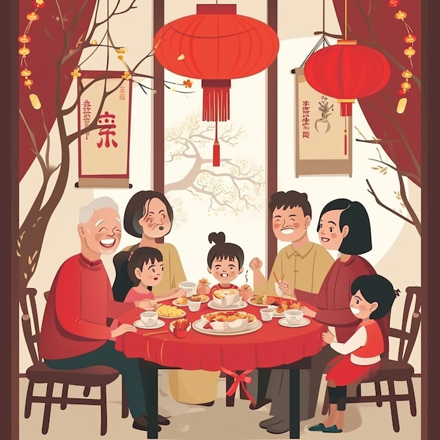 Vecteur vector d'une famille chinoise au dîner