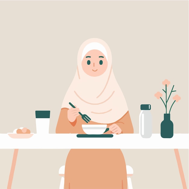 Vector d'une femme musulmane mangeant dans un style de conception plat.