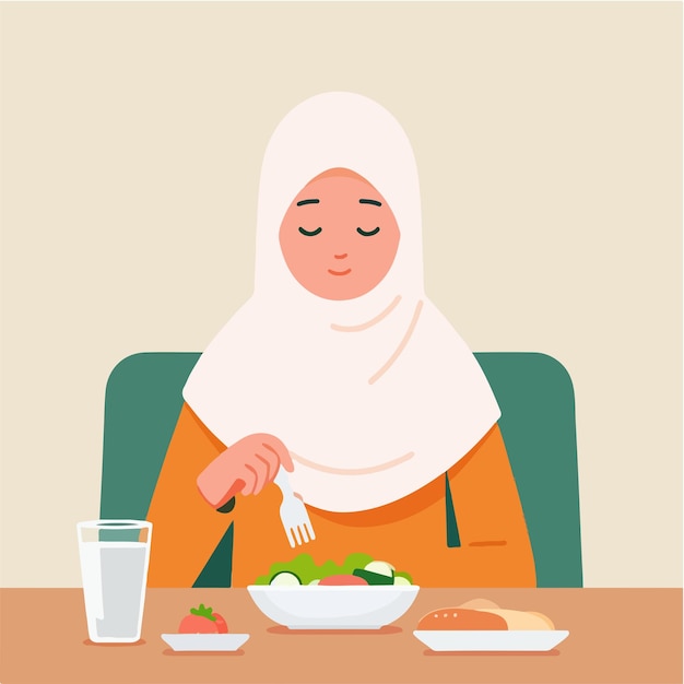 Vector d'une femme musulmane mangeant dans un style de conception plat.