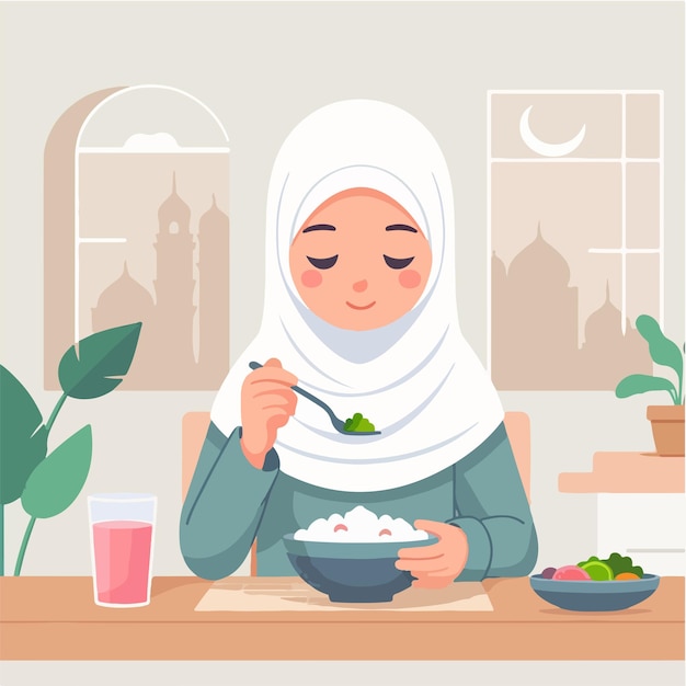 Vector d'une femme musulmane mangeant dans un style de conception plat.