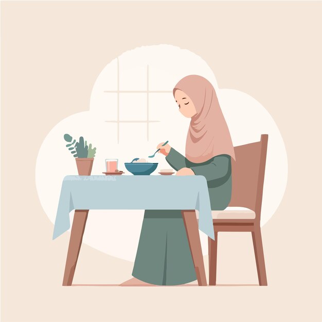 Vector d'une femme musulmane mangeant dans un style de conception plat.