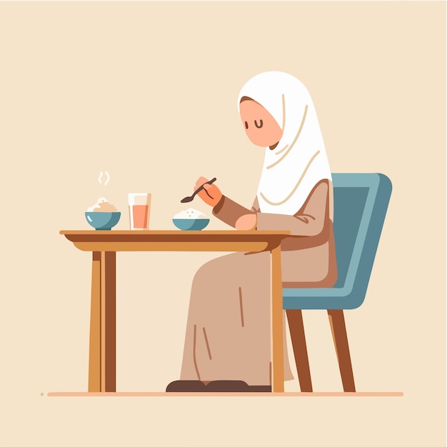 Vector d'une femme musulmane mangeant dans un style de conception plat.