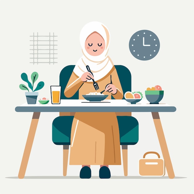 Vector d'une femme musulmane mangeant dans un style de conception plat.