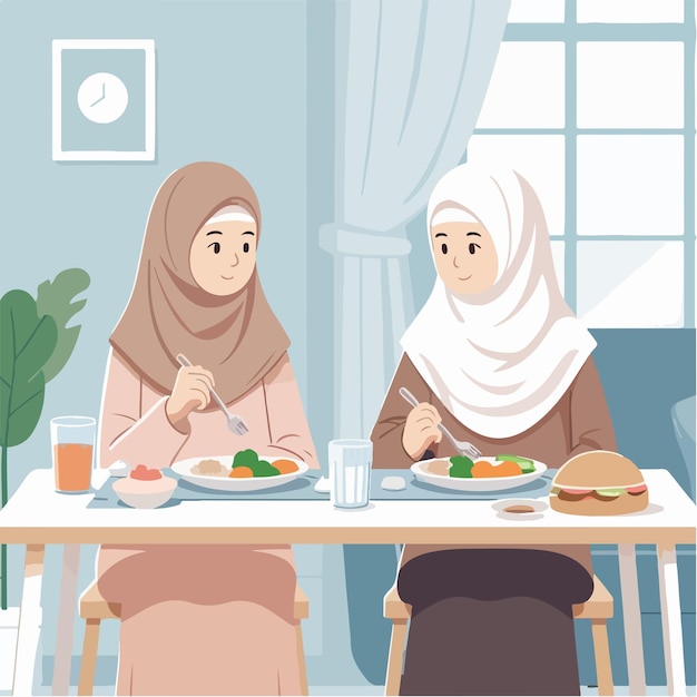 Vector d'une femme musulmane mangeant dans un style de conception plat.