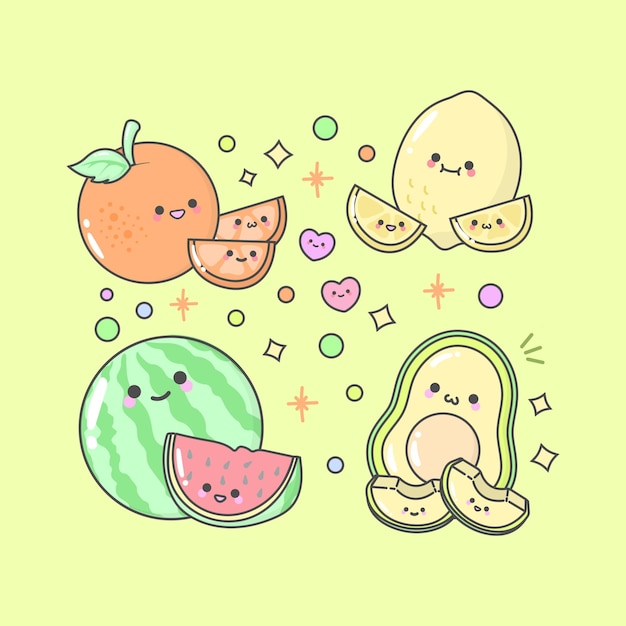 Vector Fruit Orange Citron Watermelon Avocado avec des expressions faciales mignons et une couleur pastel
