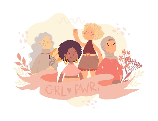 Vecteur vector girl power illustration avec différentes femmes sur fond abstrait avec des fleurs, ruban rose